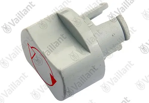 Grauer Wasserschalter von Vaillant mit einem drehbaren Knopf und einem angebrachten Anschluss für die Installation.